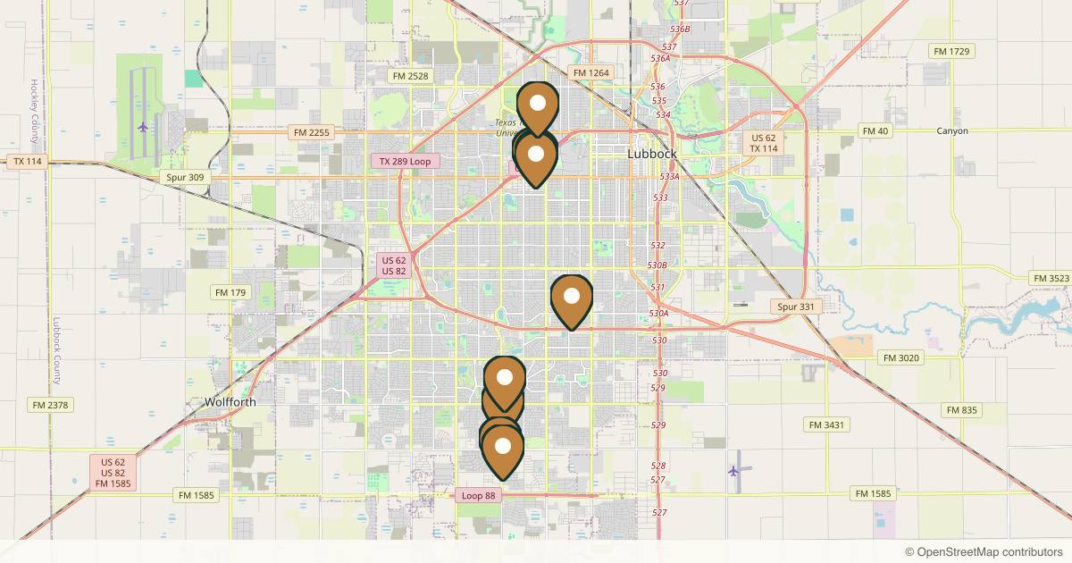Map of 9 plastic surgery practices in Lubbock, Texas