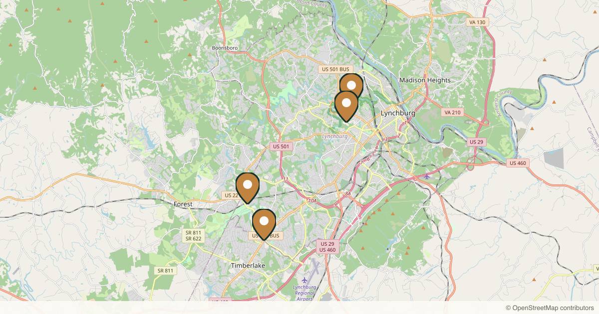 Map of 4 plastic surgery practices in Lynchburg, Virginia