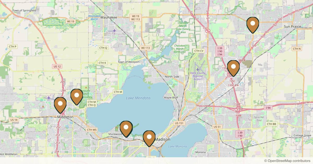 Map of 7 plastic surgery practices in Madison, Wisconsin