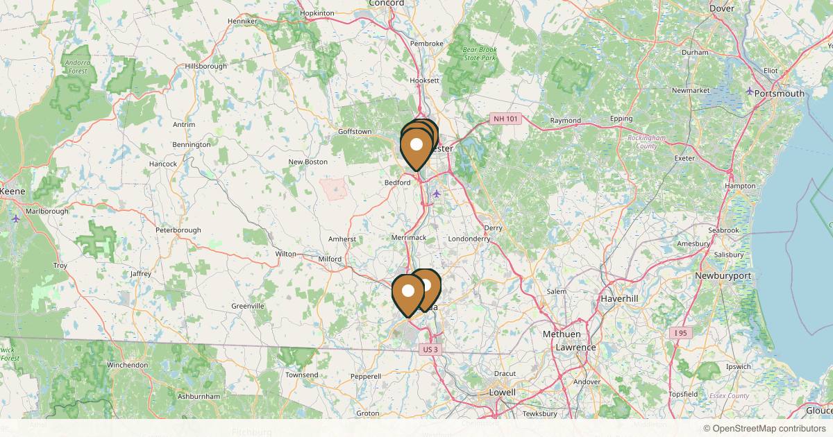 Map of 10 plastic surgery practices in Manchester, New Hampshire