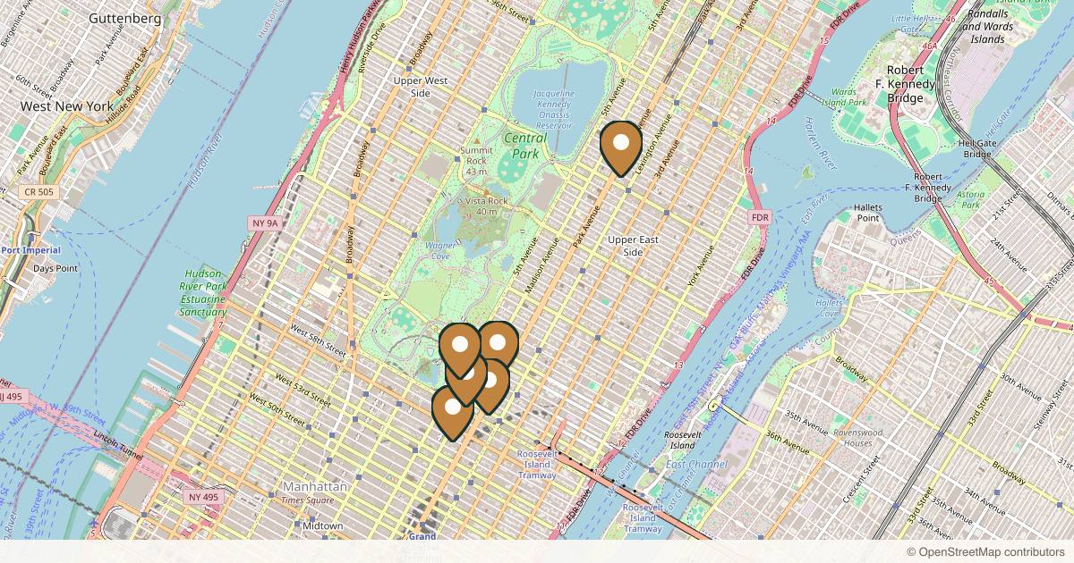 Map of 7 plastic surgery practices in Manhattan, New York