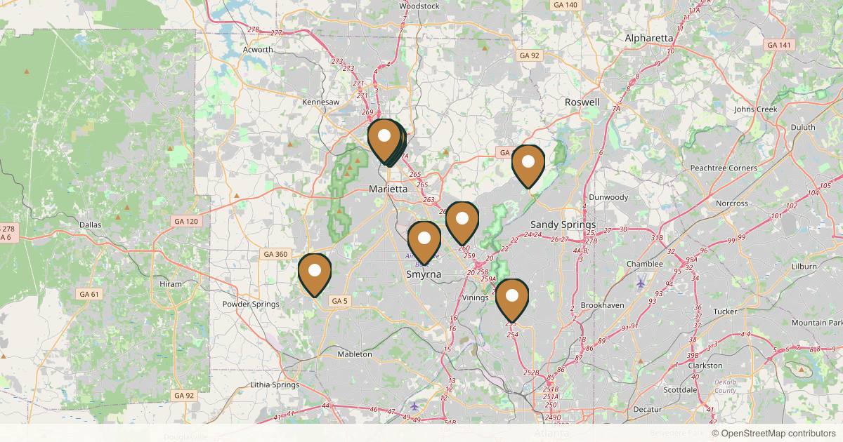 Map of 9 plastic surgery practices in Marietta, Georgia