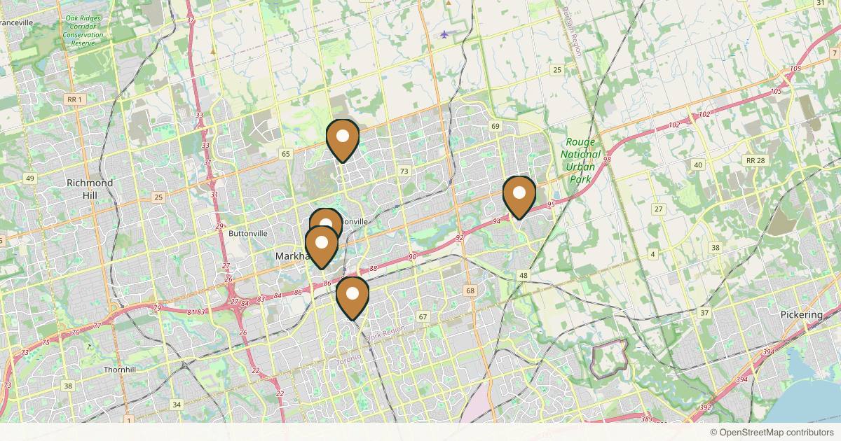 Map of 5 plastic surgery practices in Markham, Ontario