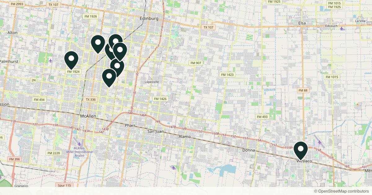 Map of 8 dermatology practices in McAllen, Texas