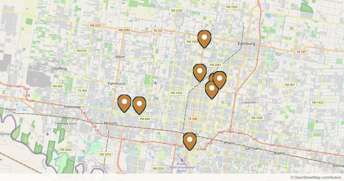 Map of 10 plastic surgery practices in McAllen, Texas