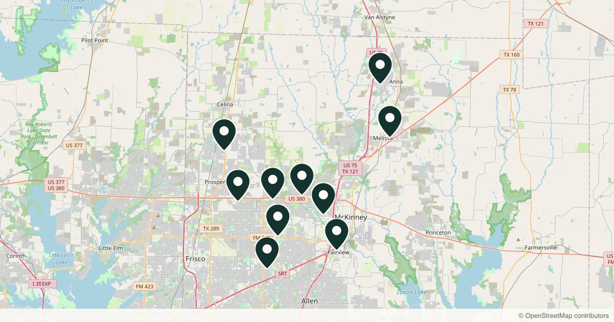 Map of 11 dermatology practices in McKinney, Texas