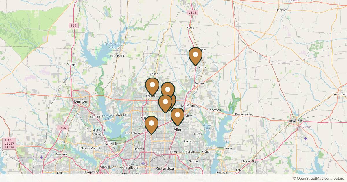 Map of 8 plastic surgery practices in McKinney, Texas