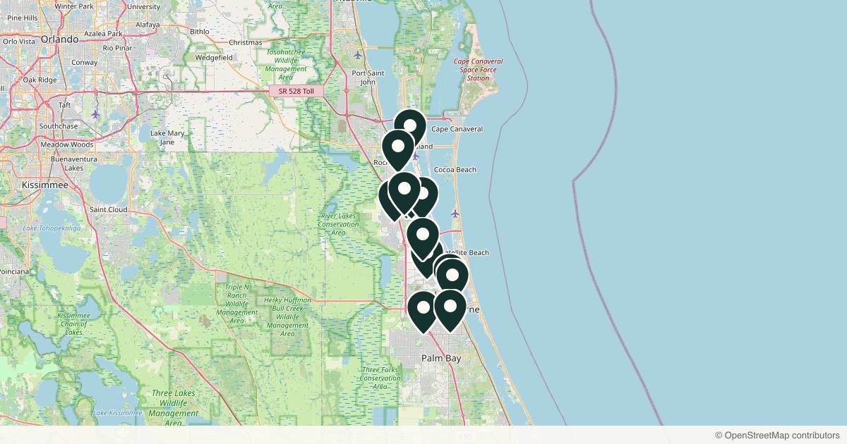Map of 13 dermatology practices in Melbourne, Florida