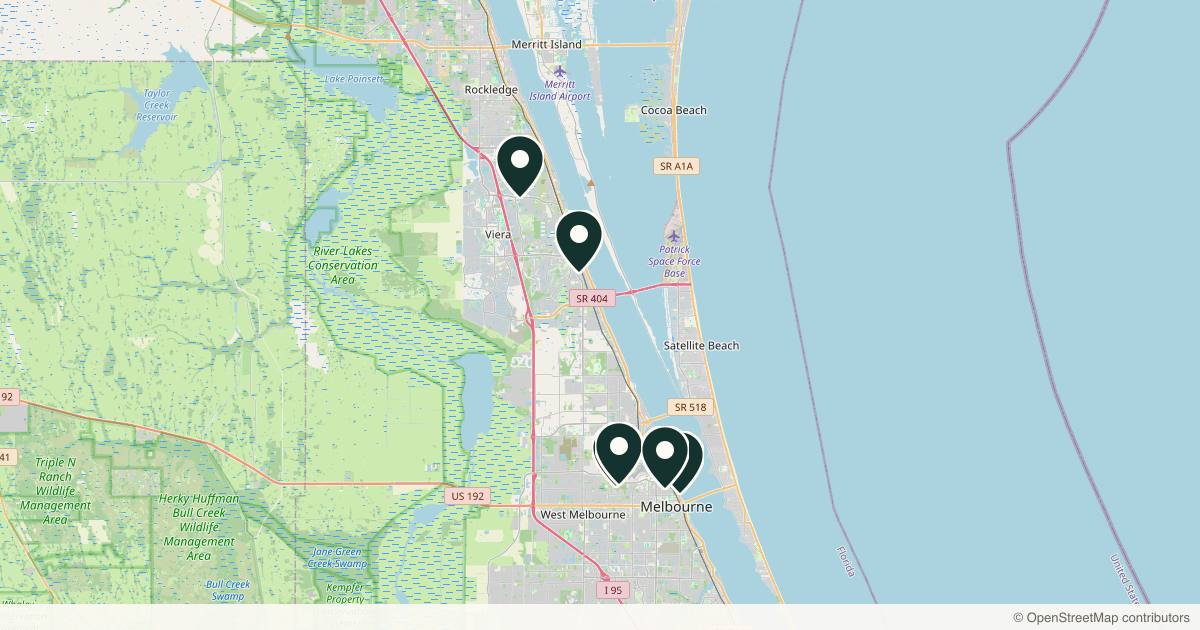Map of 9 plastic surgery practices in Melbourne, Florida