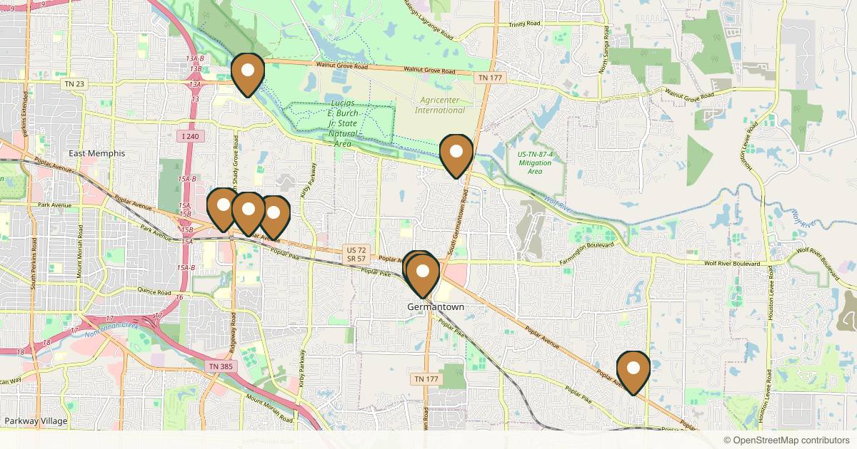 Map of 9 plastic surgery practices in Memphis, Tennessee