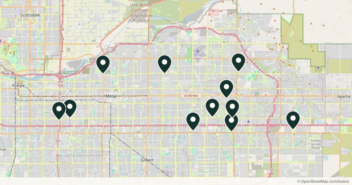 Map of 11 dermatology practices in Mesa, Arizona