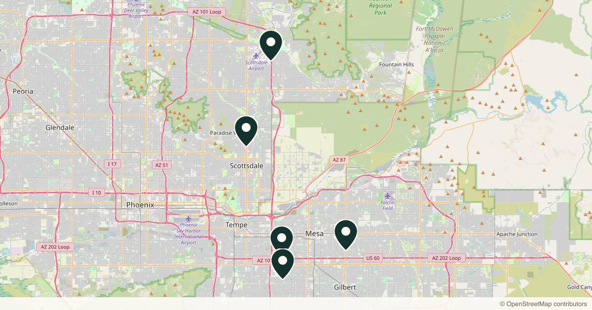 Map of 5 plastic surgery practices in Mesa, Arizona