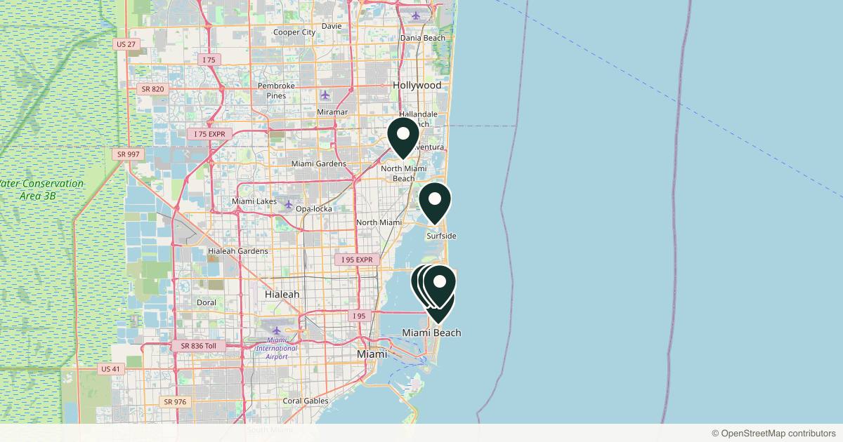 Map of 7 plastic surgery practices in Miami Beach, Florida