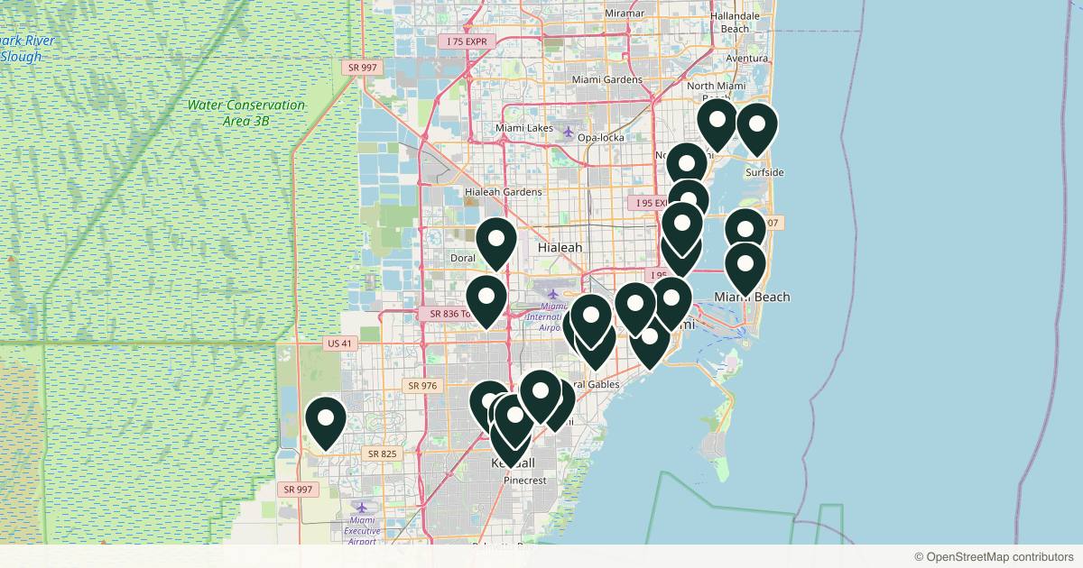 Map of 25 dermatology practices in Miami, Florida