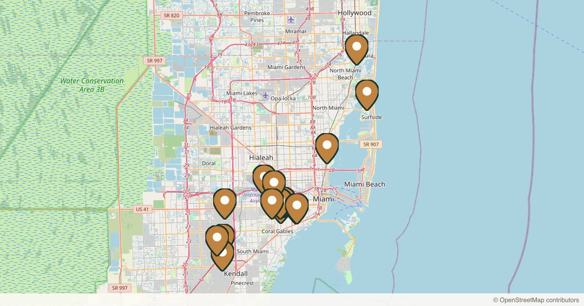 Map of 35 plastic surgery practices in Miami, Florida