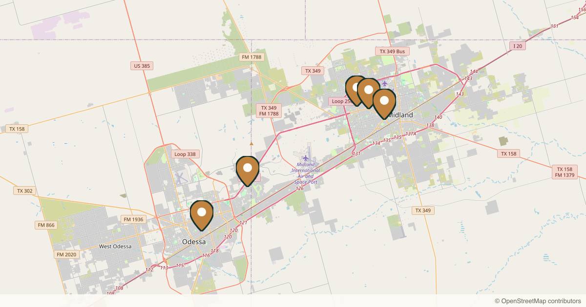 Map of 6 plastic surgery practices in Midland, Texas