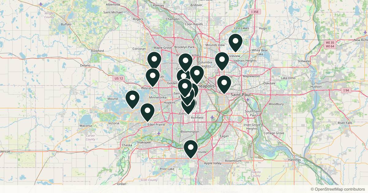 Map of 17 dermatology practices in Minneapolis, Minnesota