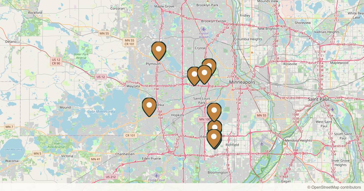 Map of 18 plastic surgery practices in Minneapolis, Minnesota