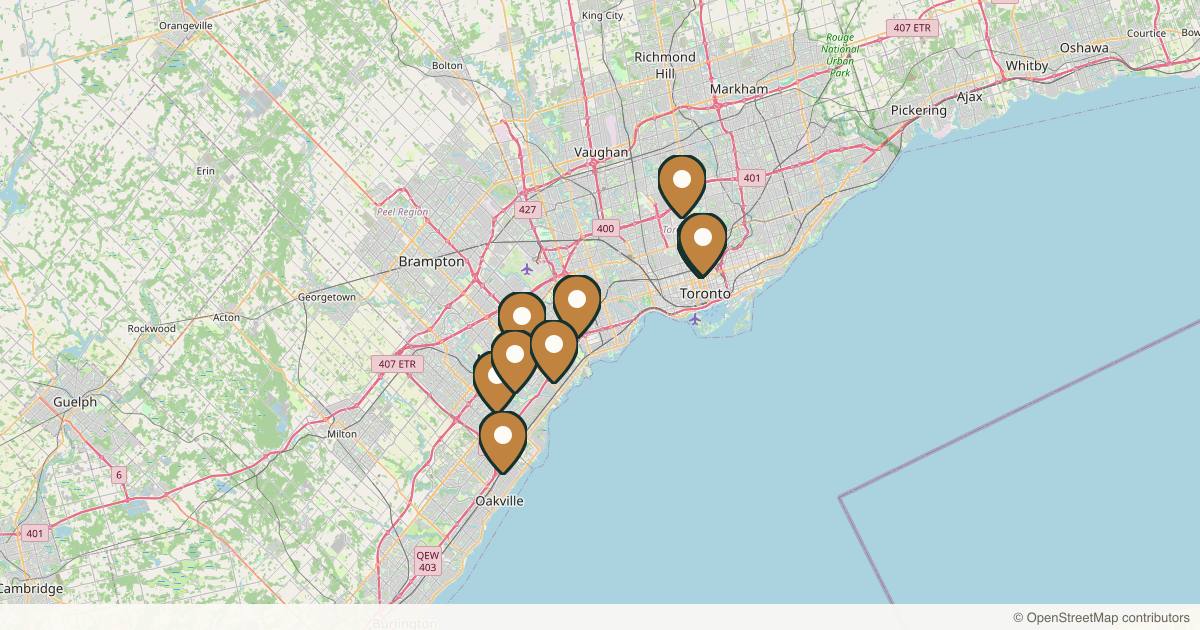 Map of 10 plastic surgery practices in Mississauga, Ontario