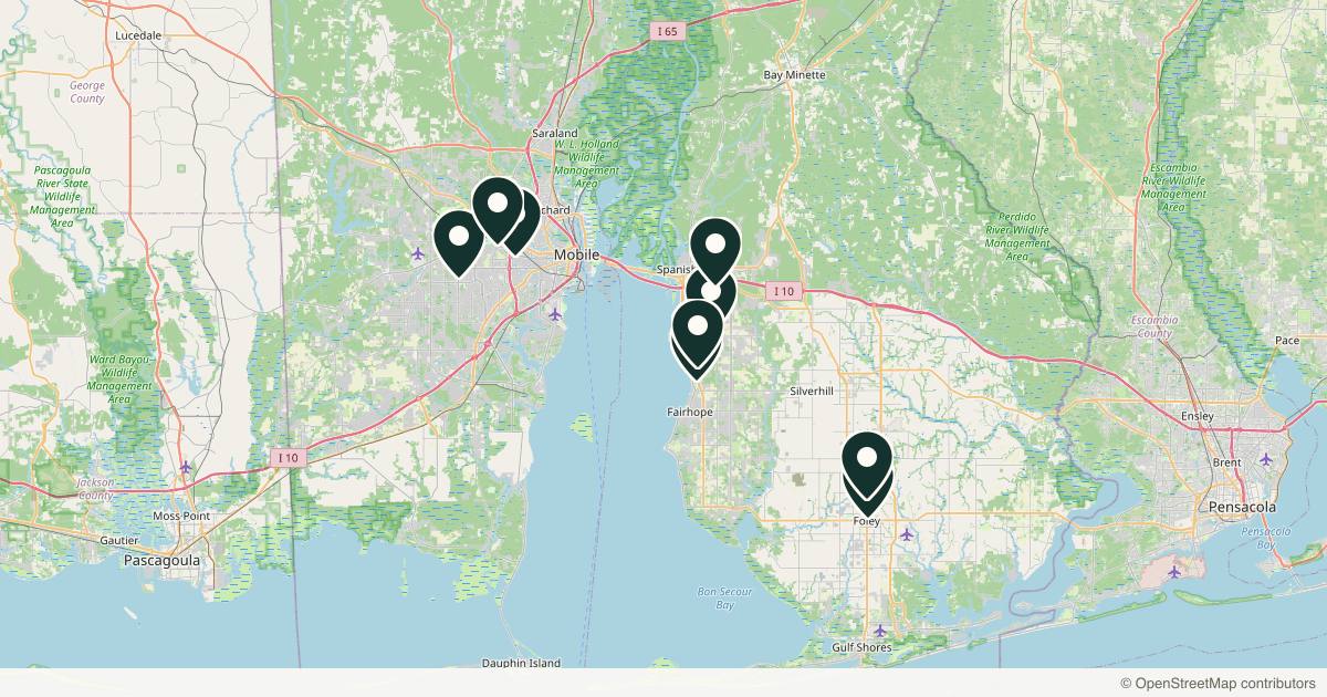 Map of 11 dermatology practices in Mobile, Alabama