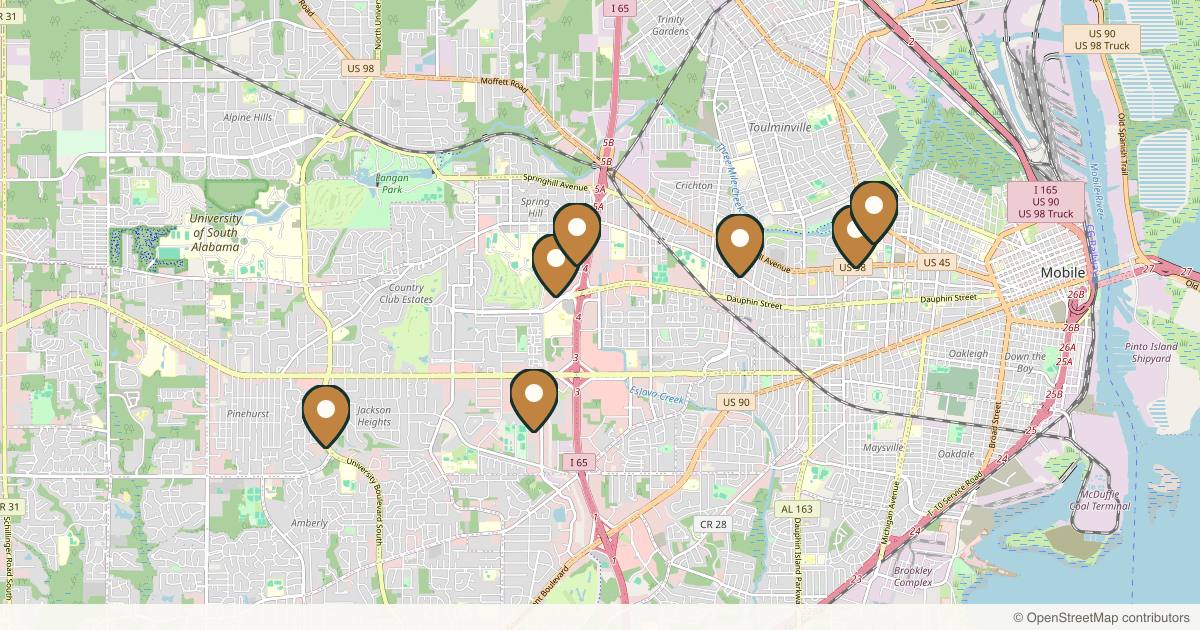 Map of 8 plastic surgery practices in Mobile, Alabama