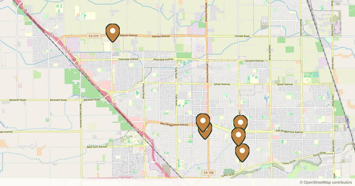 Map of 7 plastic surgery practices in Modesto, California