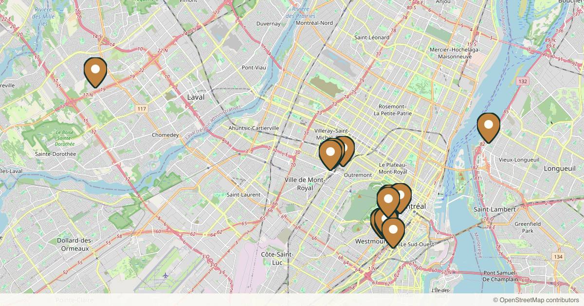 Map of 18 plastic surgery practices in Montreal, Quebec