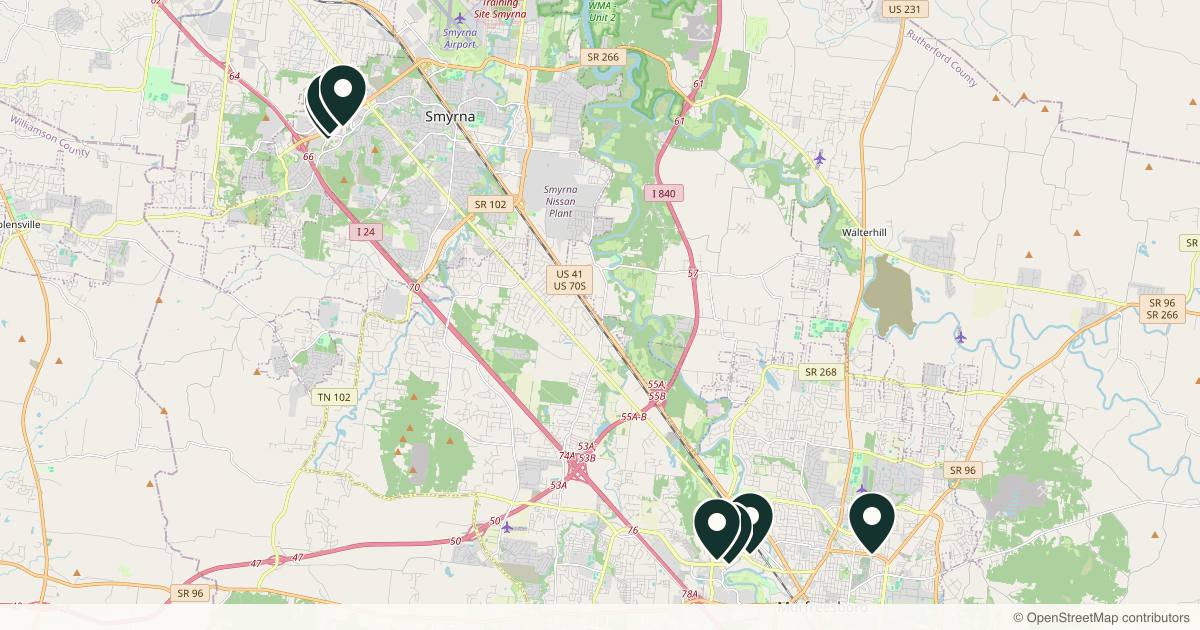 Map of 8 dermatology practices in Murfreesboro, Tennessee