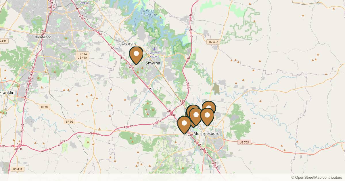 Map of 10 plastic surgery practices in Murfreesboro, Tennessee