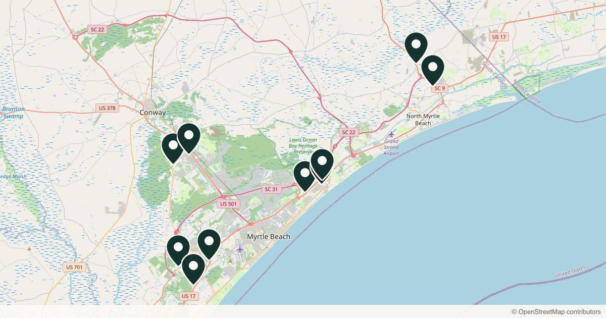 Map of 14 dermatology practices in Myrtle Beach, South Carolina