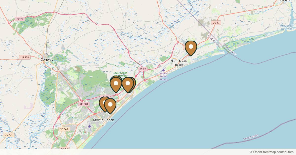Map of 9 plastic surgery practices in Myrtle Beach, South Carolina