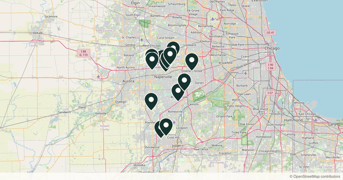 Map of 15 dermatology practices in Naperville, Illinois