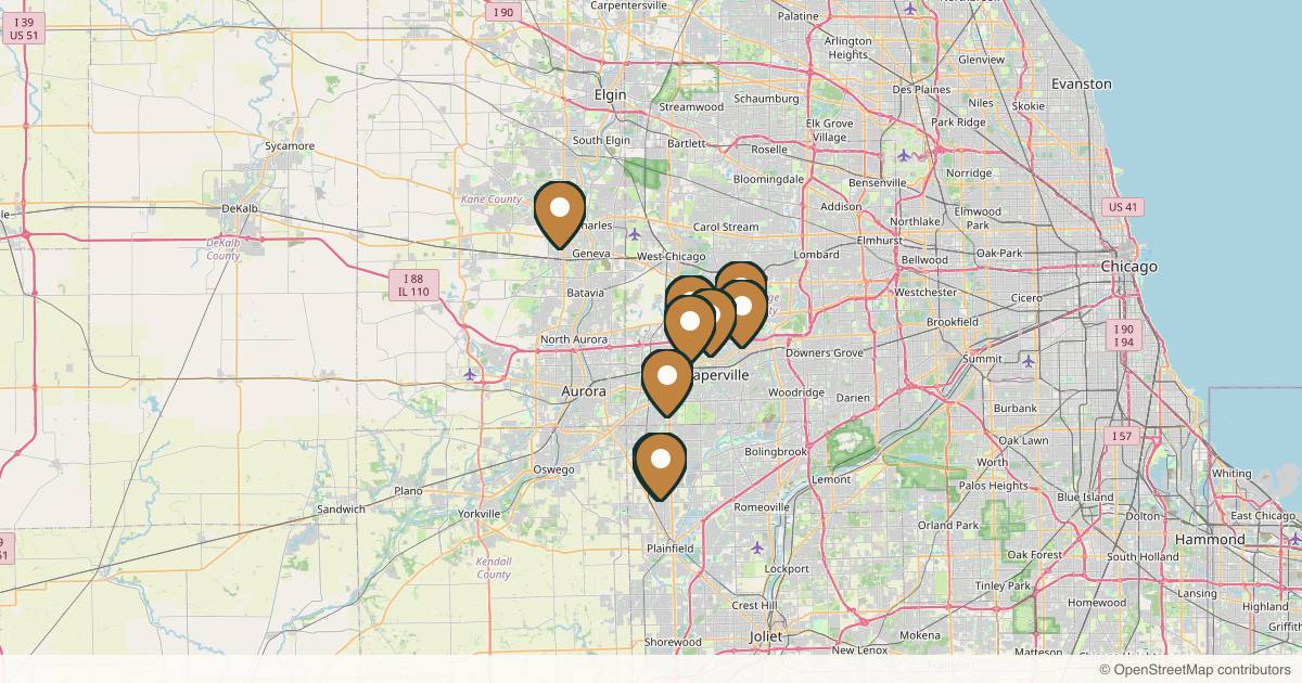 Map of 10 plastic surgery practices in Naperville, Illinois