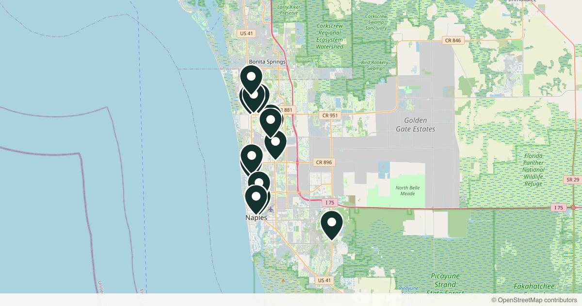 Map of 15 dermatology practices in Naples, Florida