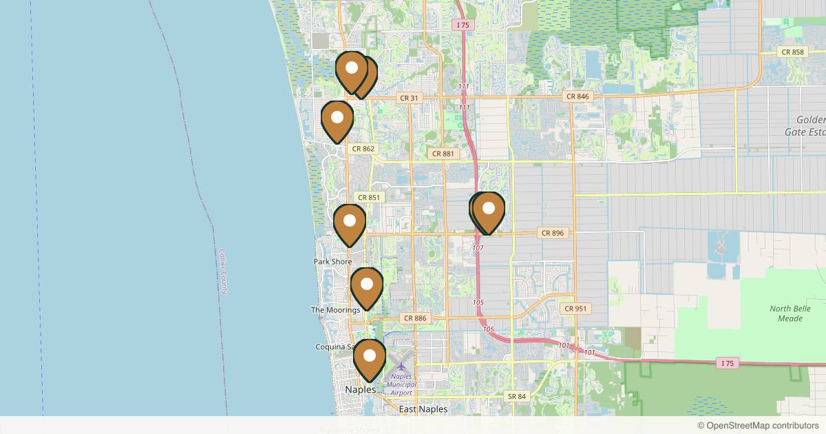 Map of 10 plastic surgery practices in Naples, Florida
