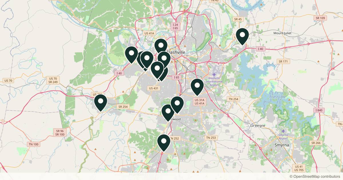 Map of 16 dermatology practices in Nashville, Tennessee