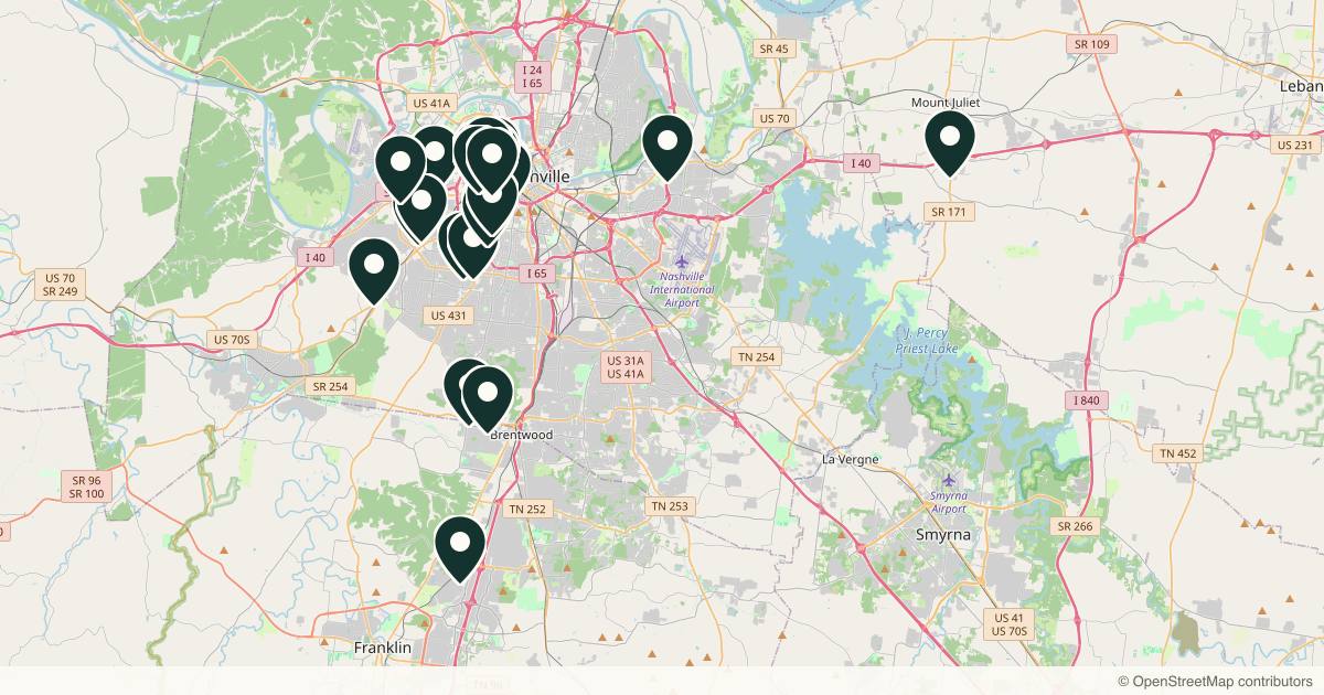 Map of 30 plastic surgery practices in Nashville, Tennessee