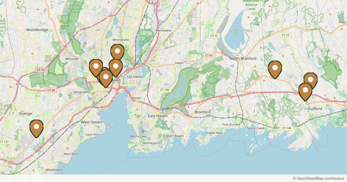 Map of 10 plastic surgery practices in New Haven, Connecticut