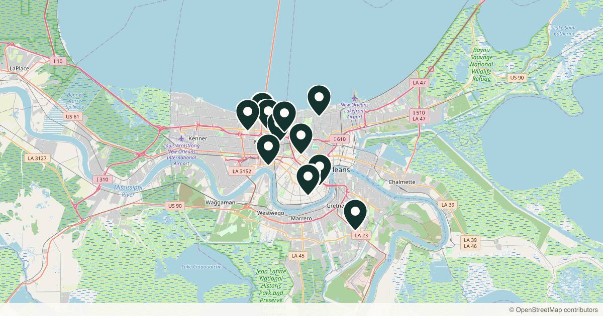 Map of 13 dermatology practices in New Orleans, Louisiana