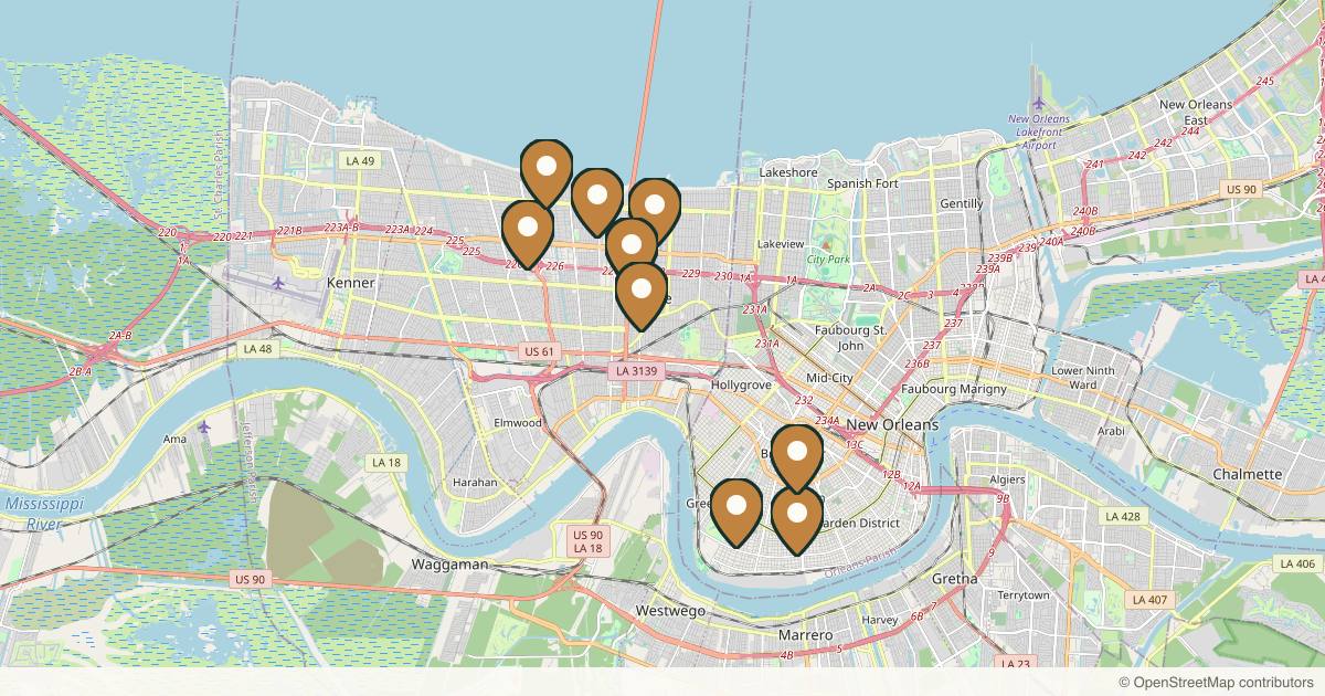 Map of 10 plastic surgery practices in New Orleans, Louisiana