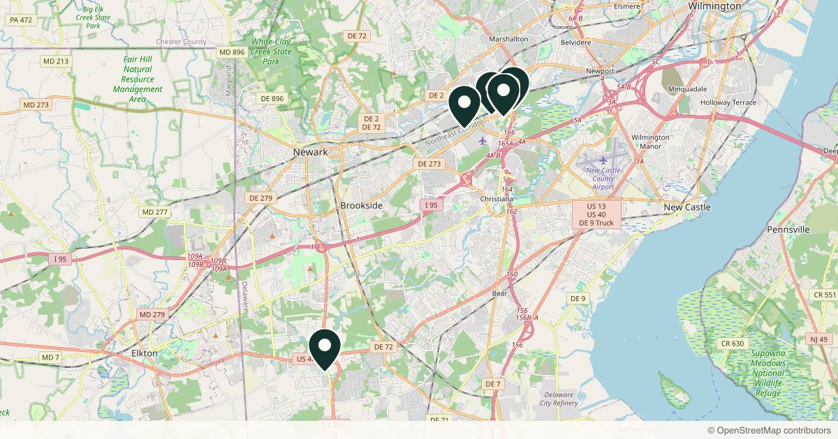 Map of 5 plastic surgery practices in Newark, Delaware