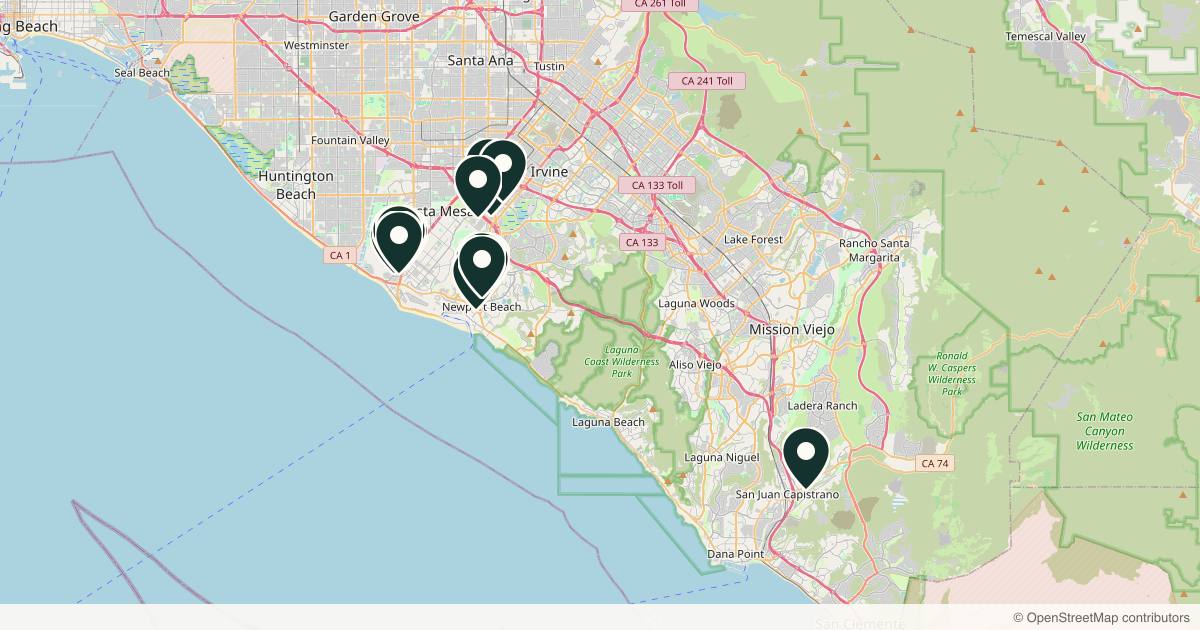 Map of 28 dermatology practices in Newport Beach, California