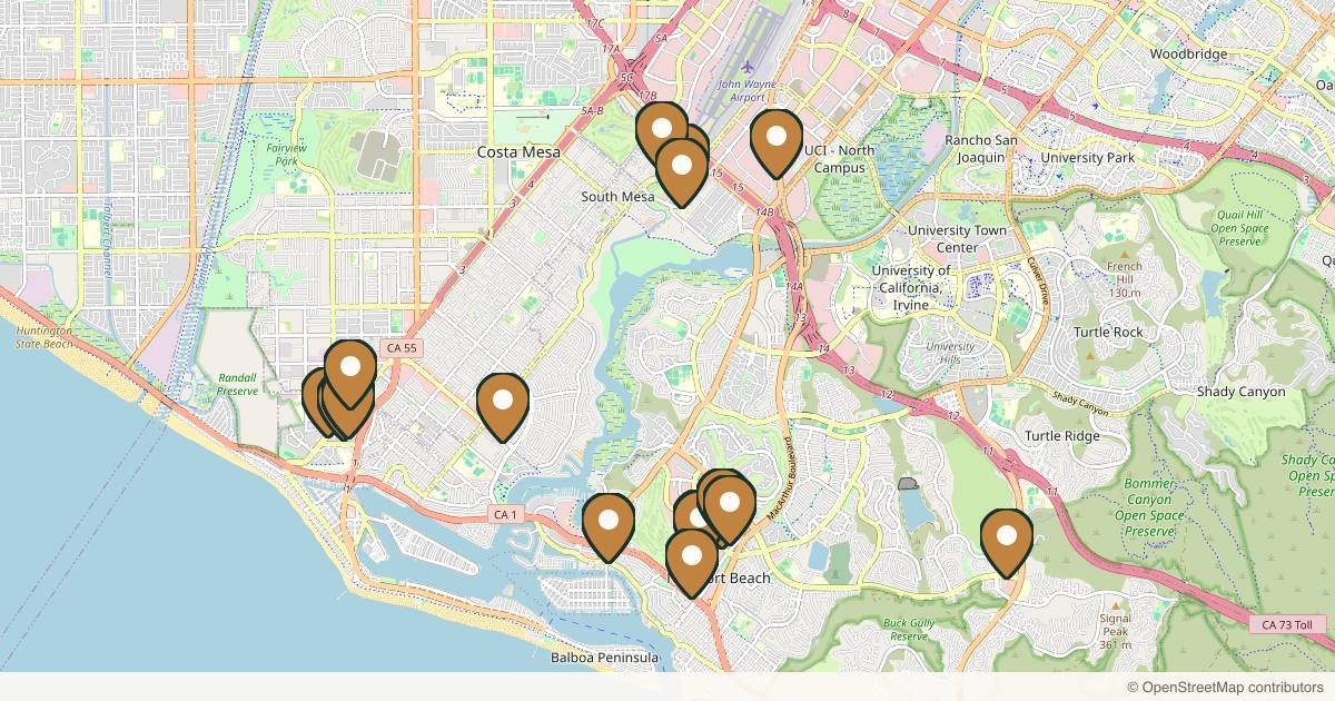 Map of 20 plastic surgery practices in Newport Beach, California