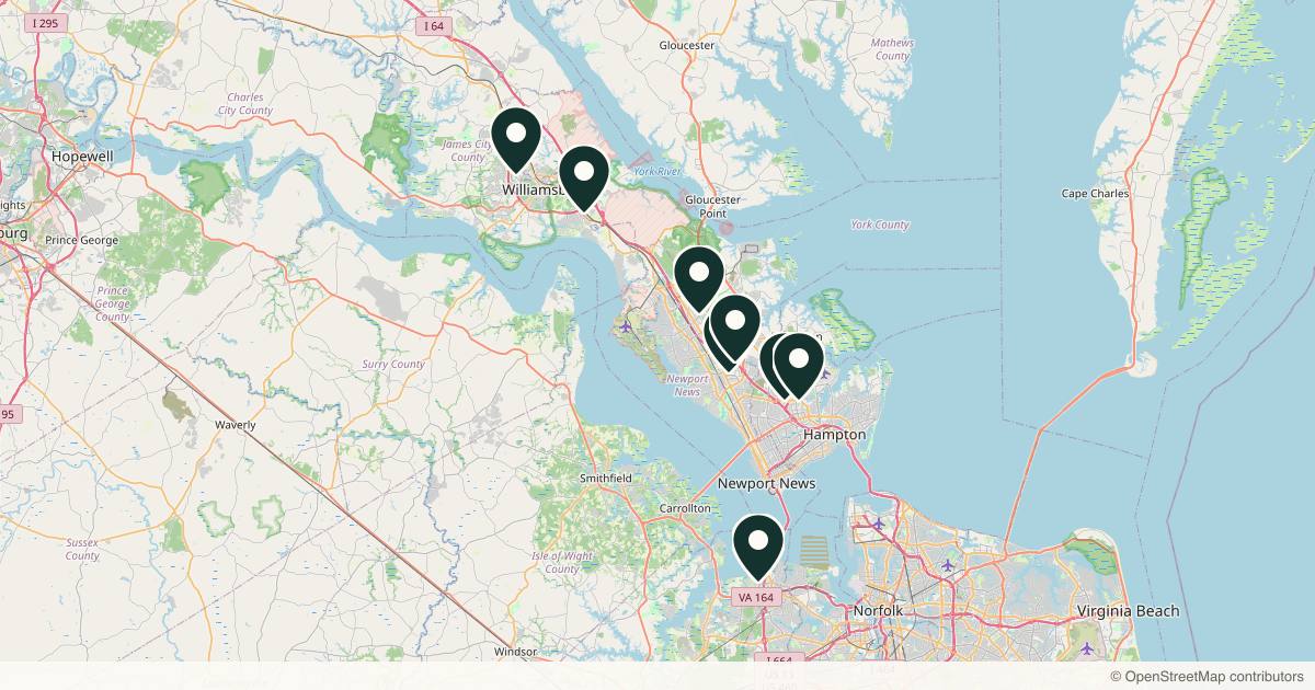 Map of 10 plastic surgery practices in Newport News, Virginia