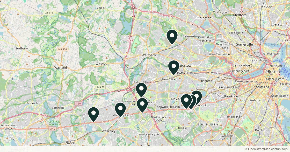 Map of 9 plastic surgery practices in Newton, Massachusetts