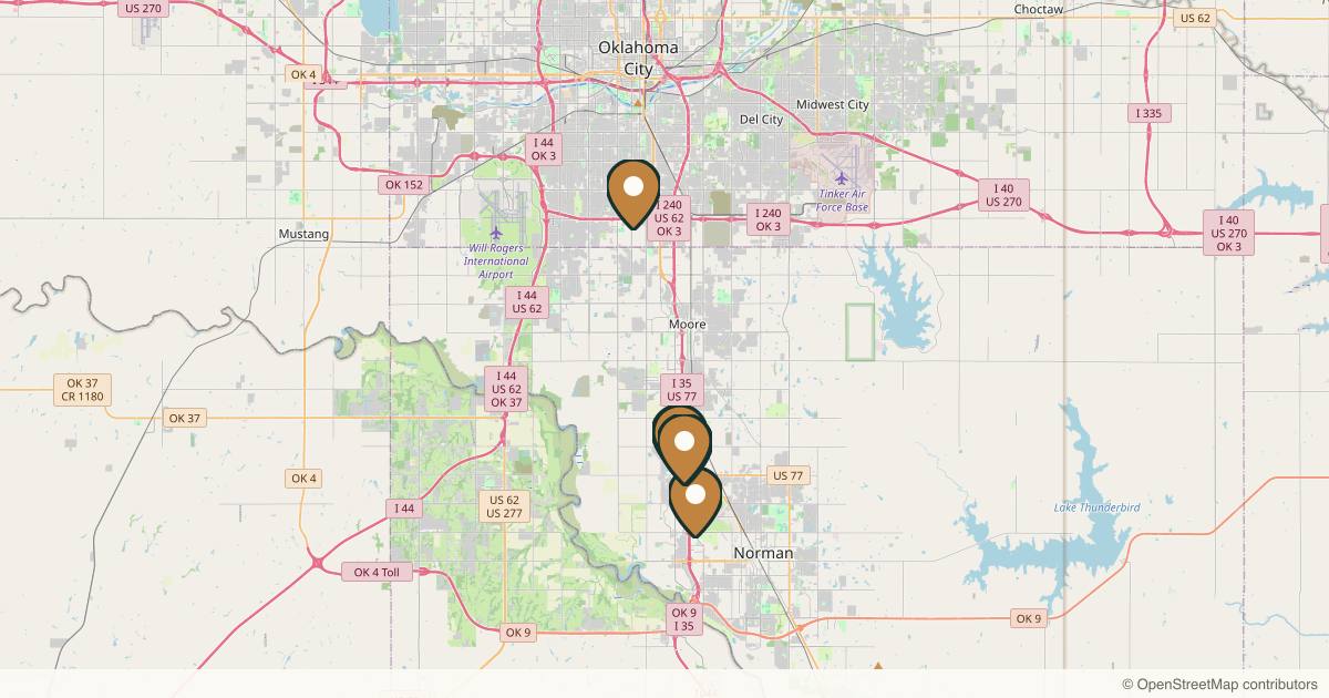 Map of 7 plastic surgery practices in Norman, Oklahoma