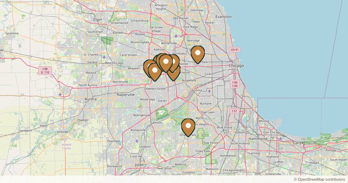 Map of 10 plastic surgery practices in Oak Brook, Illinois