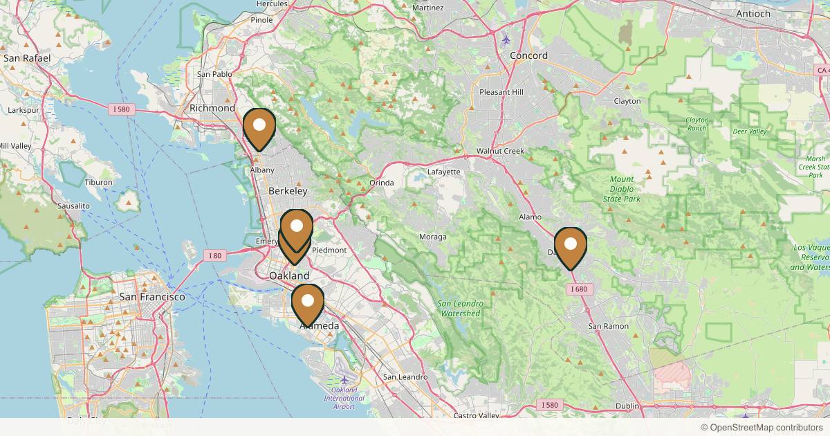 Map of 8 plastic surgery practices in Oakland, California