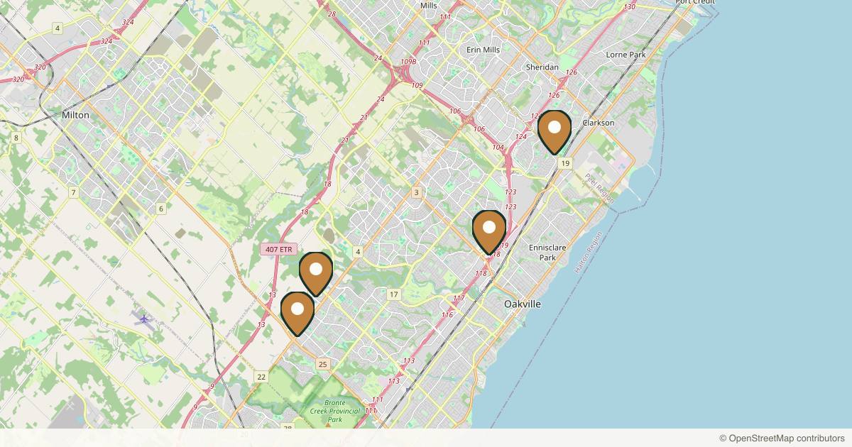 Map of 5 plastic surgery practices in Oakville, Ontario
