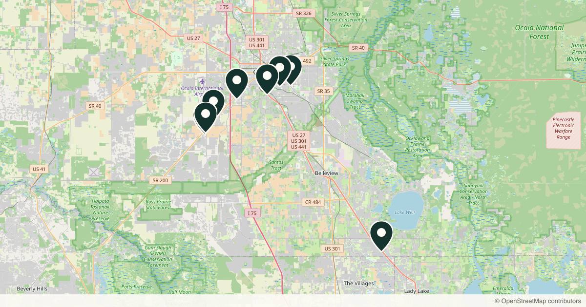 Map of 8 dermatology practices in Ocala, Florida